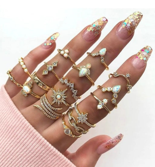 Diamond Starry Sky Gemstone Leaf 11-piece Set Ring