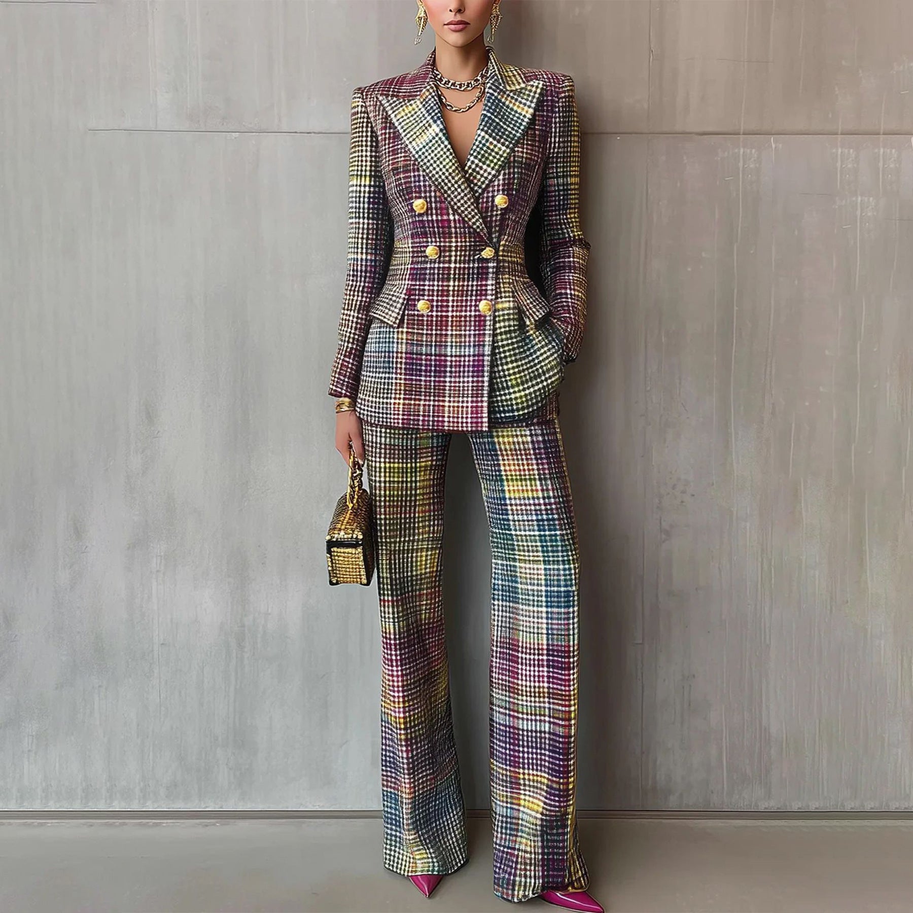 Plaid-printed Long-sleeve Tailored Suit Pants Set