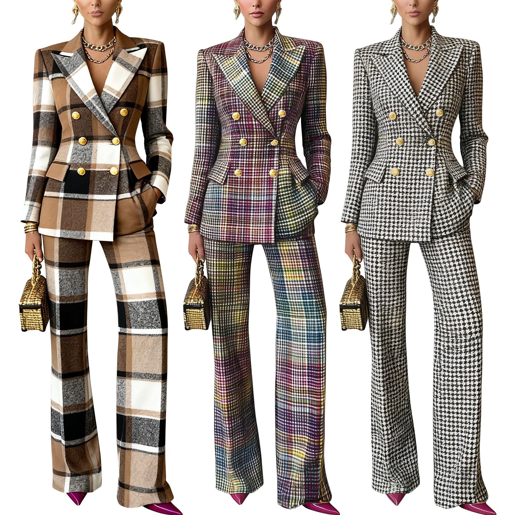 Plaid-printed Long-sleeve Tailored Suit Pants Set