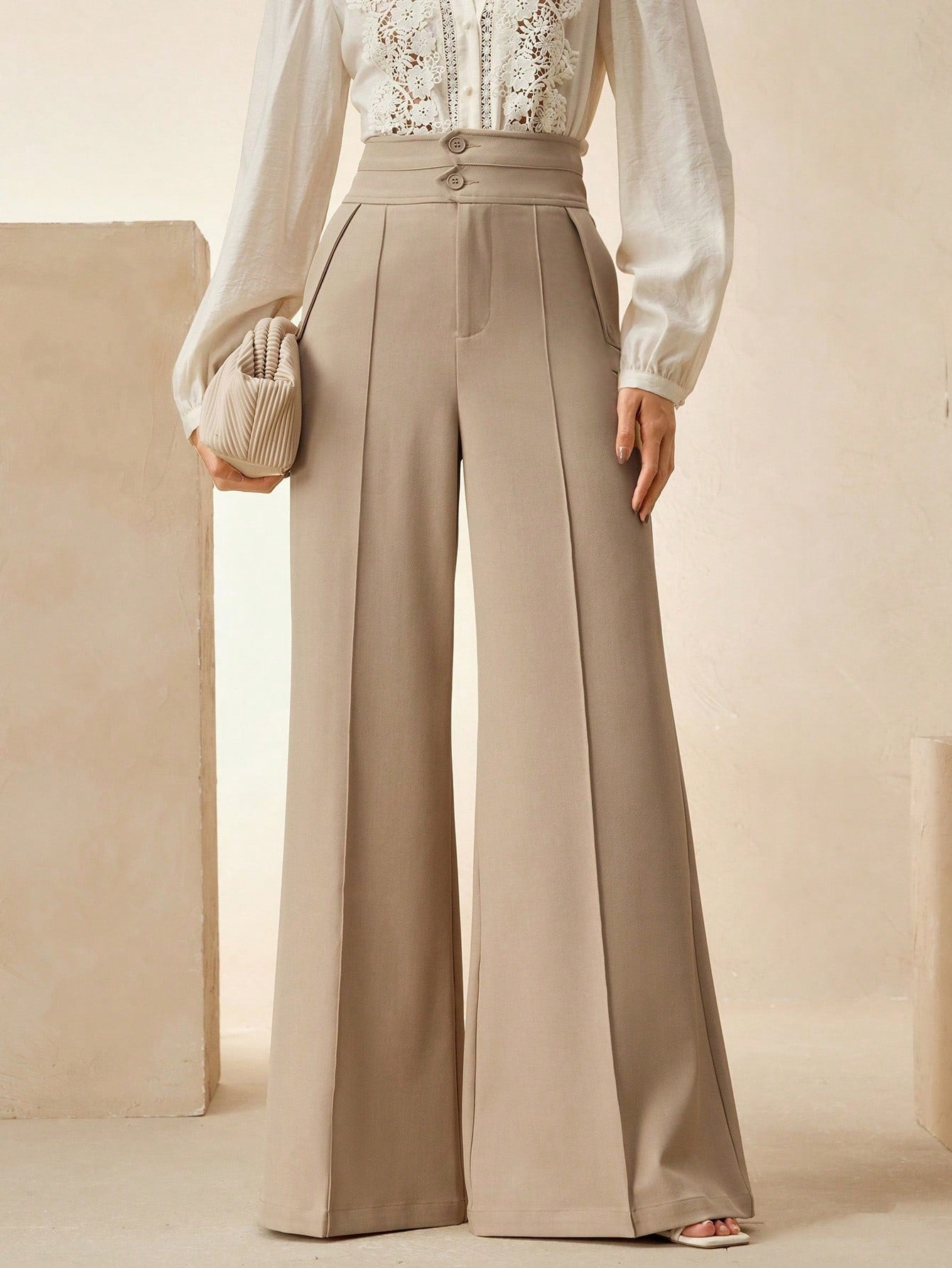 Commuter-style Figure-flattering Khaki Wide-leg Tailored Pants